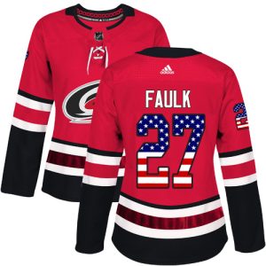 Impressive Adidas Hurricanes #27 Justin Faulk Red Home Authentic USA Flag Women's Stitched NHL Jersey perfect for game days