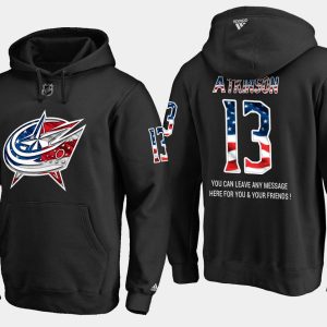 Stylish Blue Jackets #13 Cam Atkinson NHL Banner Wave Usa Flag Black Hoodie to complete your fan gear collection