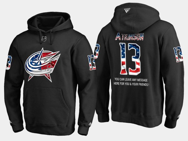 Stylish Blue Jackets #13 Cam Atkinson NHL Banner Wave Usa Flag Black Hoodie to complete your fan gear collection