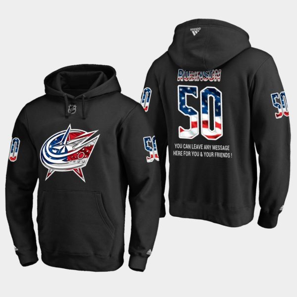 Stunning Blue Jackets #50 Eric Robinson NHL Banner Wave Usa Flag Black Hoodie to complete your fan gear collection