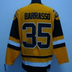 Stunning Penguins #35 Tom Barrasso Stitched Mitchell&Ness Yellow NHL Jersey to complete your fan gear collection