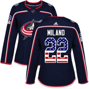 Sleek Adidas Blue Jackets #22 Sonny Milano Navy Blue Home Authentic USA Flag Women's Stitched NHL Jersey to stand out at the arena