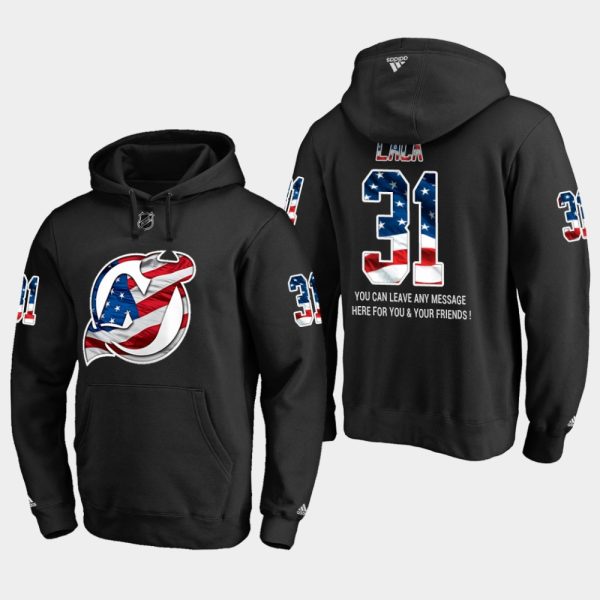Stylish Devils #31 Eddie Lack NHL Banner Wave Usa Flag Black Hoodie to stand out at the arena