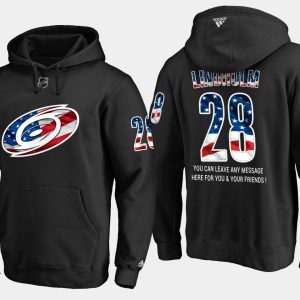 Impressive Hurricanes #28 Elias Lindholm NHL Banner Wave Usa Flag Black Hoodie perfect for game days