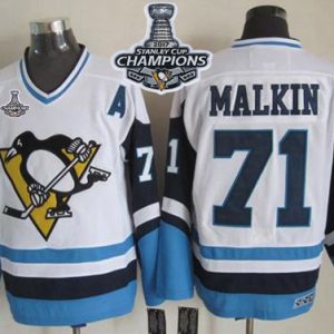 Unique Penguins #71 Evgeni Malkin White/Blue CCM Throwback 2017 Stanley Cup Finals Champions Stitched NHL Jersey for die - hard hockey fans