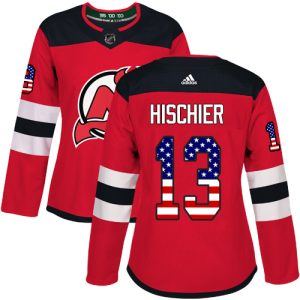 Stylish Adidas Devils #13 Nico Hischier Red Home Authentic USA Flag Women's Stitched NHL Jersey to stand out at the arena