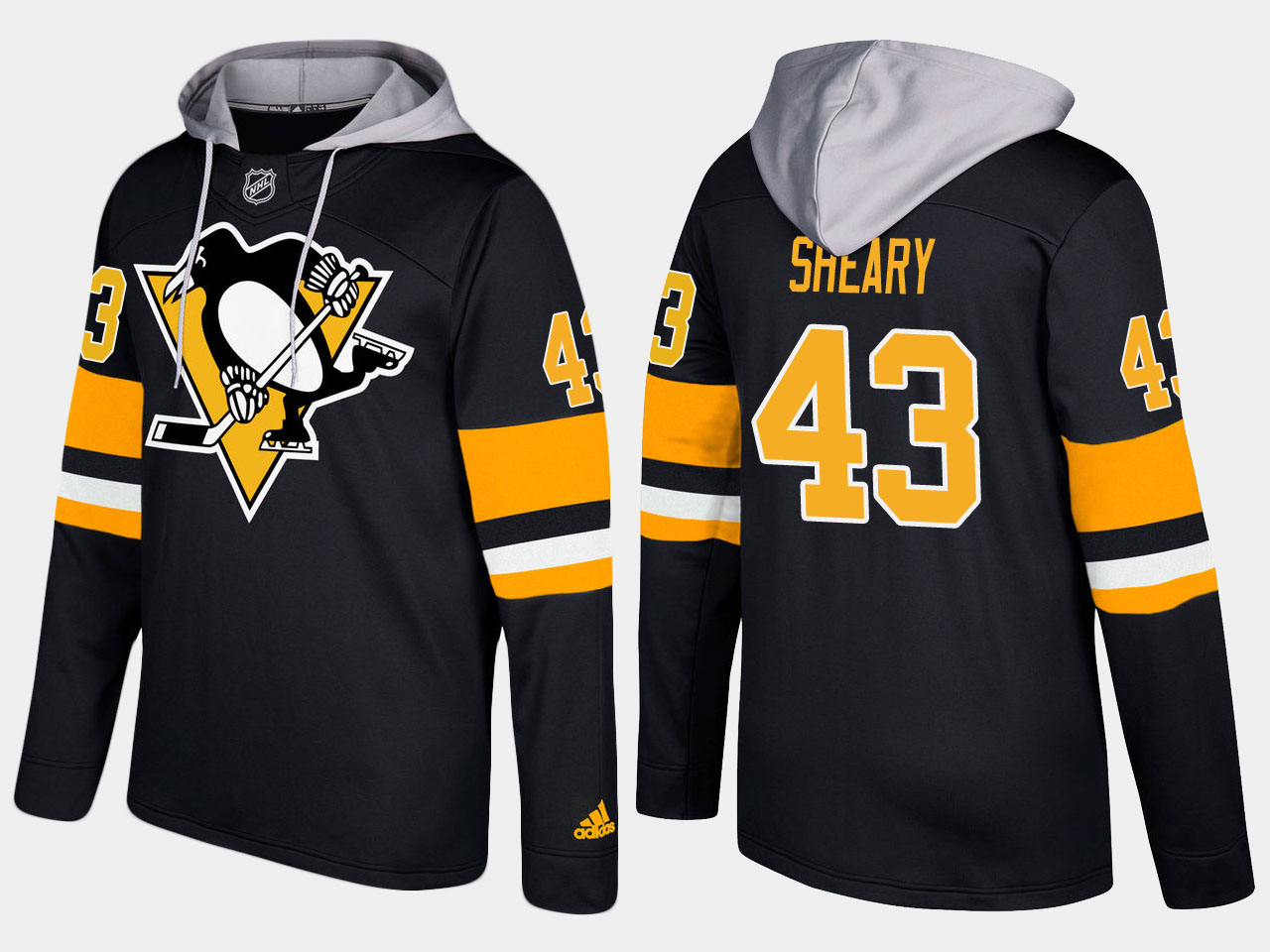 Amazing Penguins #43 Conor Sheary Black Name And Number Hoodie to complete your fan gear collection