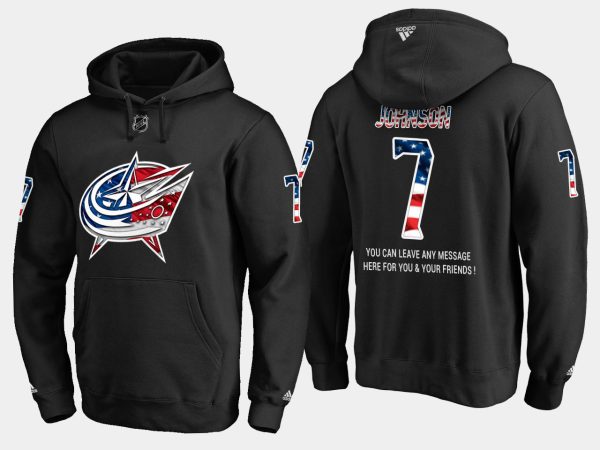 Stylish Blue Jackets #7 Jack Johnson NHL Banner Wave Usa Flag Black Hoodie for die - hard hockey fans
