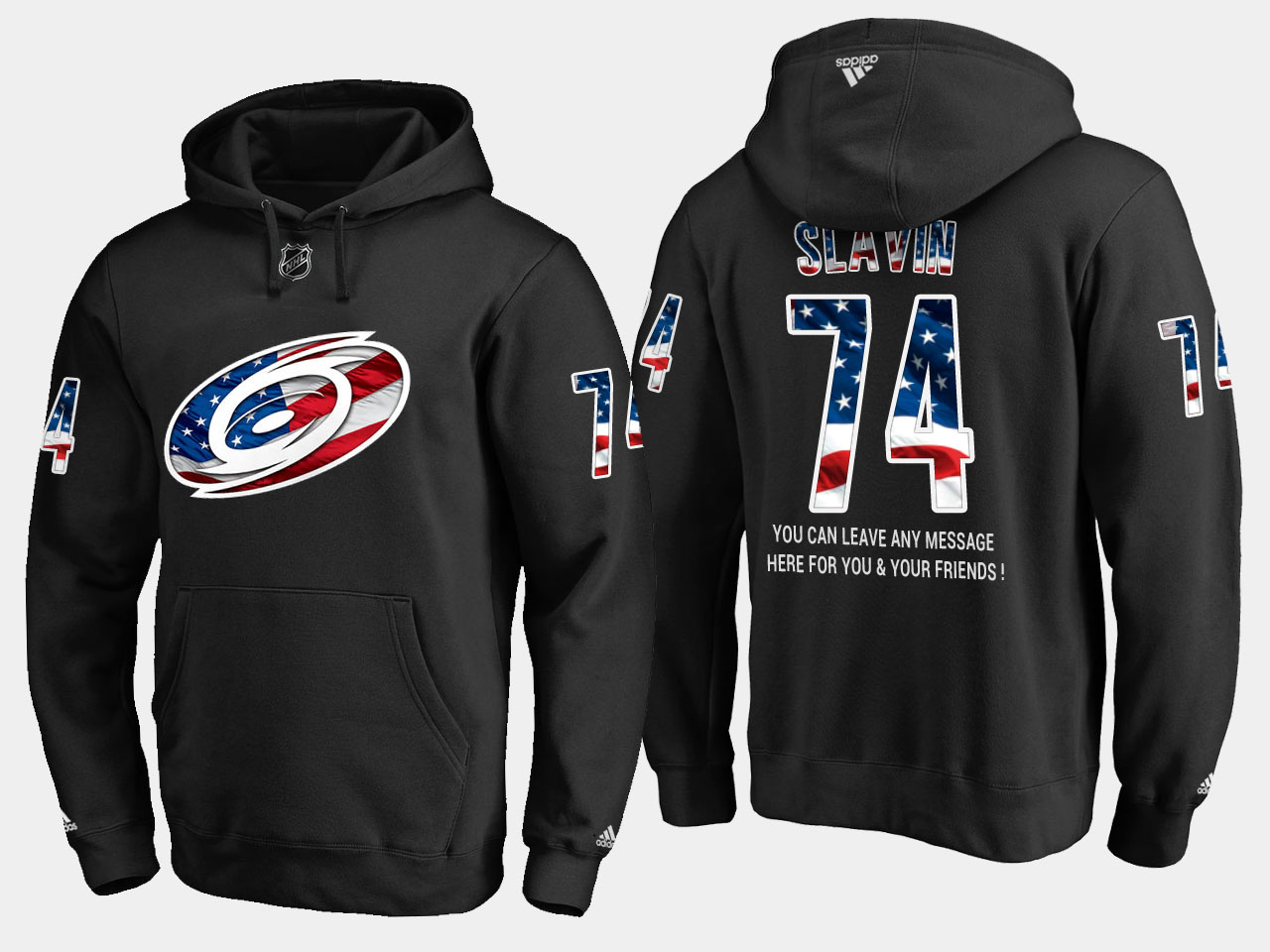 Fantastic Hurricanes #74 Jaccob Slavin NHL Banner Wave Usa Flag Black Hoodie for die - hard hockey fans