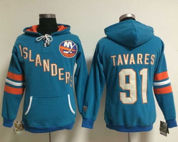 Amazing New York Islanders #91 John Tavares Baby Blue Women's Old Time Heidi NHL Hoodie for die - hard hockey fans
