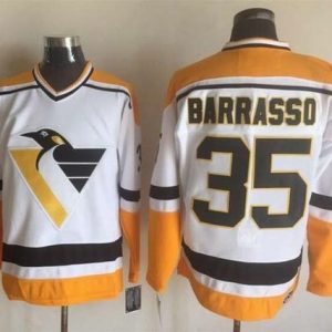 Unique Penguins #35 Tom Barrasso White/Yellow CCM Throwback Stitched NHL Jersey for die - hard hockey fans