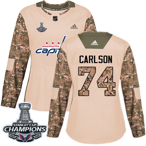 Stunning Adidas Capitals #74 John Carlson Camo Authentic 2017 Veterans Day Stanley Cup Final Champions Women's Stitched NHL Jersey to complete your fan gear collection