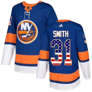 Stylish Adidas Islanders #31 Billy Smith Royal Blue Home Authentic USA Flag Stitched NHL Jersey to complete your fan gear collection