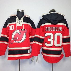 Unique Devils #30 Martin Brodeur Red Sawyer Hooded Sweatshirt Embroidered NHL Jersey to complete your fan gear collection