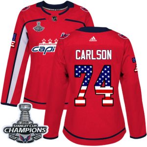 Stunning Adidas Capitals #74 John Carlson Red Home Authentic USA Flag Stanley Cup Final Champions Women's Stitched NHL Jersey perfect for game days