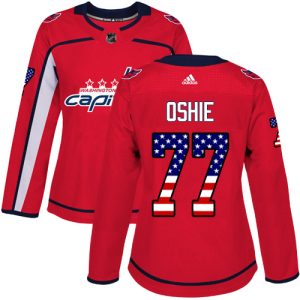 Stylish Adidas Capitals #77 T.J. Oshie Red Home Authentic USA Flag Women's Stitched NHL Jersey to show your team spirit