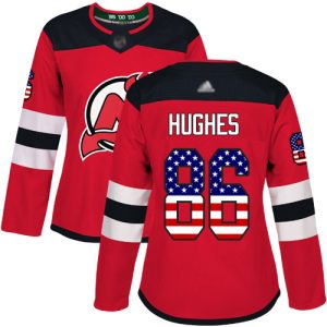 Gorgeous Adidas Devils #86 Jack Hughes Red Home Authentic USA Flag Women's Stitched NHL Jersey for die - hard hockey fans