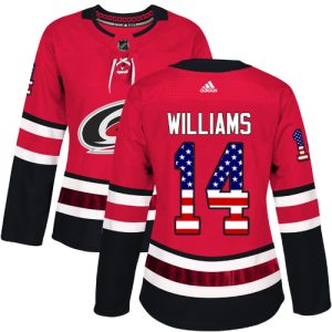 Stylish Adidas Hurricanes #14 Justin Williams Red Home Authentic USA Flag Women's Stitched NHL Jersey to complete your fan gear collection
