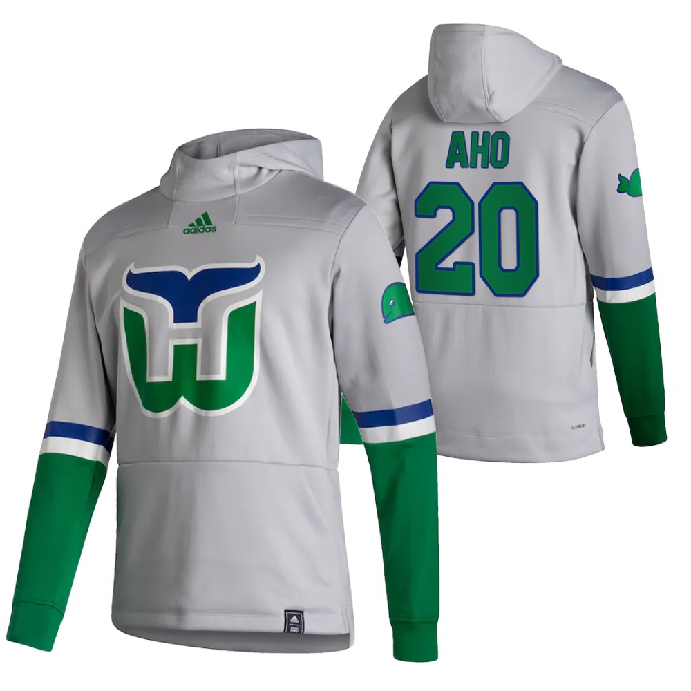 Stylish Carolina Hurricanes #20 Sebastian Aho Adidas Reverse Retro Pullover Hoodie Gray to show your team spirit