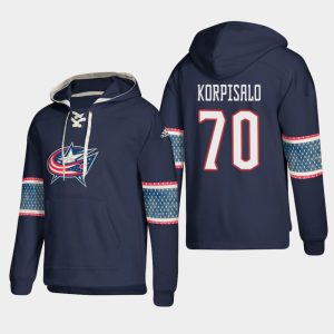 Impressive Columbus Blue Jackets #70 Joonas Korpisalo Blue adidas Lace Up Pullover Hoodie perfect for game days