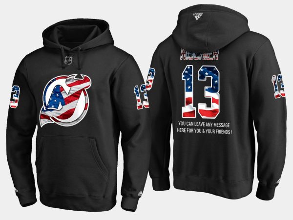 Impressive Devils #13 Nico Hischier NHL Banner Wave Usa Flag Black Hoodie for ultimate sports enthusiasts