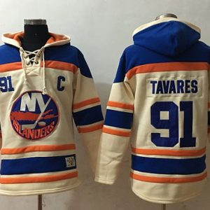 Stylish Islanders #91 John Tavares Cream Sawyer Hooded Sweatshirt Stitched NHL Jersey to show your team spirit