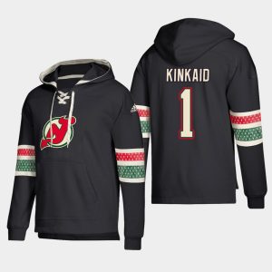 Fantastic New Jersey Devils #1 Keith Kinkaid Black adidas Lace Up Pullover Hoodie to complete your fan gear collection
