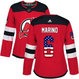 Stylish Adidas Devils #6 John Marino Red Home Authentic USA Flag Women's Stitched NHL Jersey for ultimate sports enthusiasts