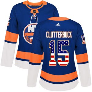 Unique Adidas Islanders #15 Cal Clutterbuck Royal Blue Home Authentic USA Flag Women's Stitched NHL Jersey to complete your fan gear collection