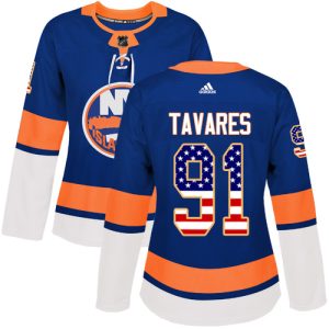 Amazing Adidas Islanders #91 John Tavares Royal Blue Home Authentic USA Flag Women's Stitched NHL Jersey perfect for game days
