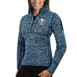 Fantastic New York Islanders Antigua Women's Fortune 1/2 Zip Pullover Sweater Royal for die - hard hockey fans