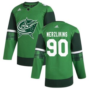 Gorgeous Columbus Blue Jackets #90 Elvis Merzlikins Men's Adidas 2020 St. Patrick's Day Stitched NHL Jersey Green.jpg.jpg for die - hard hockey fans