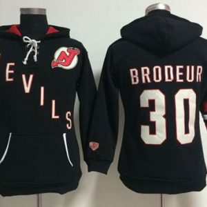 Sleek New Jersey Devils #30 Martin Brodeur Black Women's Old Time Heidi NHL Hoodie for die - hard hockey fans