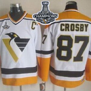 Sleek Penguins #87 Sidney Crosby White/Yellow CCM Throwback 2017 Stanley Cup Finals Champions Stitched NHL Jersey for die - hard hockey fans